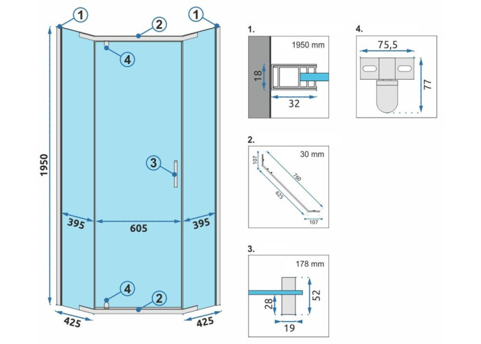 Душова Кабіна Rea Axin 90x90 + Душевий Піддон Чорний 90x90 KPL-K8779-8543